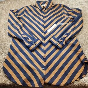 Chicos No Iron Stretch Fun Stripe Tunic Navy Brown Button Down Shirt 1.5 US 10